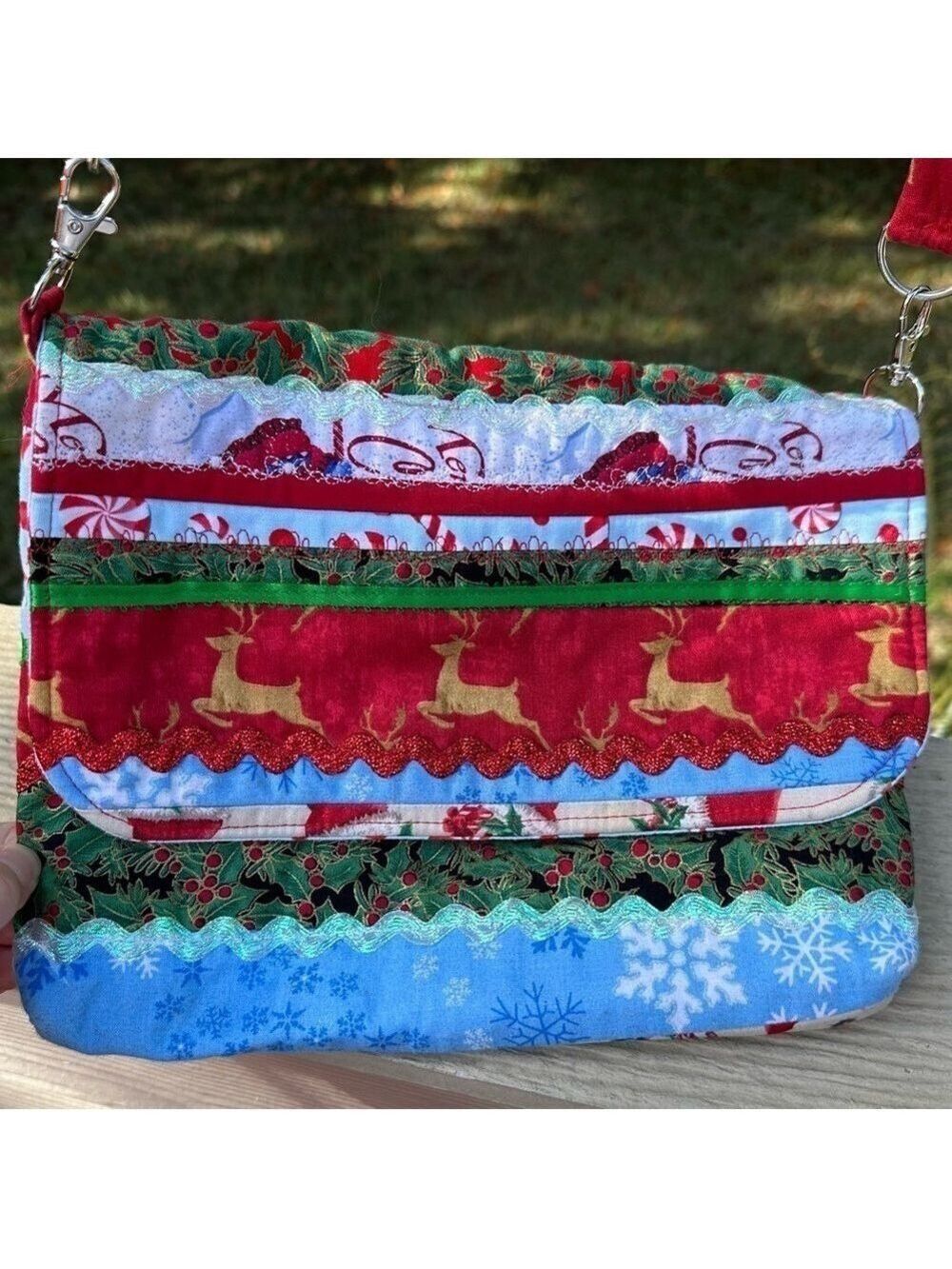 Handmade cloth Christmas Crossbody bag -Reindeer, candy canes, snowflake Holly